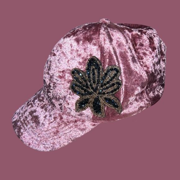 David & Young Pink Faux Velvet Bedazzled Baseball Adjustable Hat - Picture 2 of 8